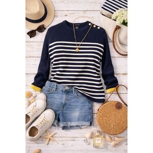 Lauren Ralph Lauren Striped Sweater Wms XL Navy Blue Nautical Gold Button Preppy